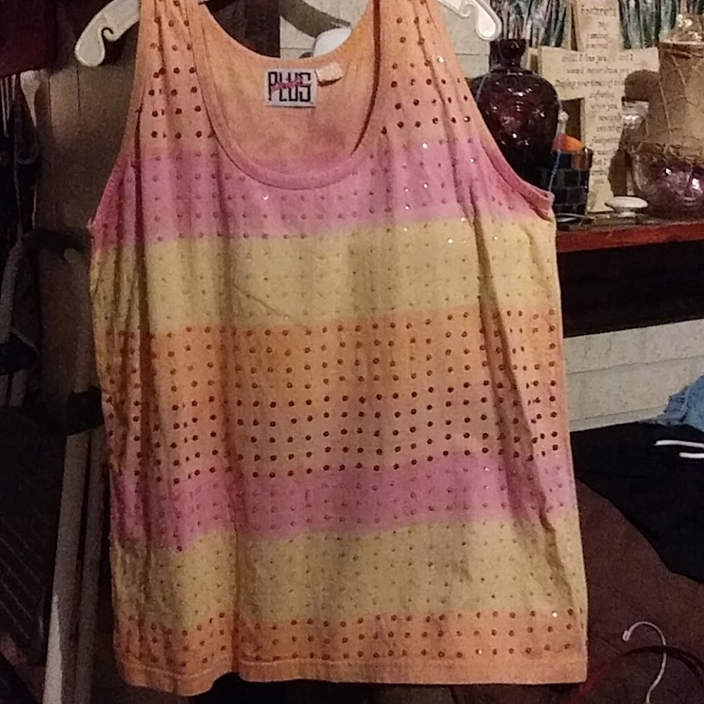 20 Pink Plus vintage sequined stripe Tank Top